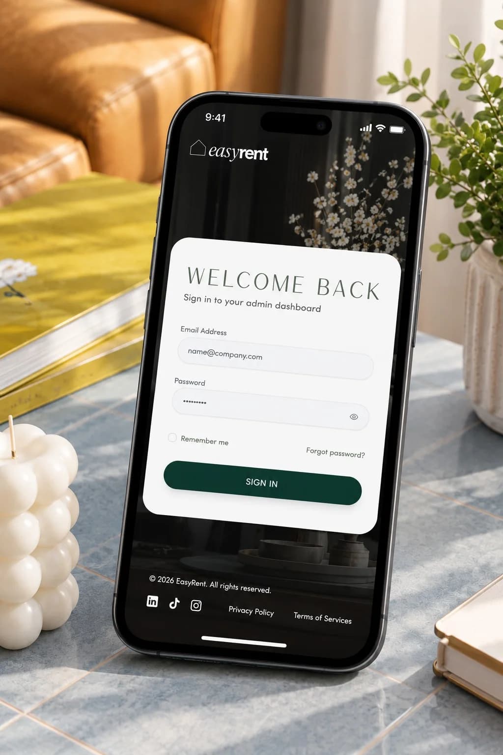 EasyRent admin sign-in screen on a phone