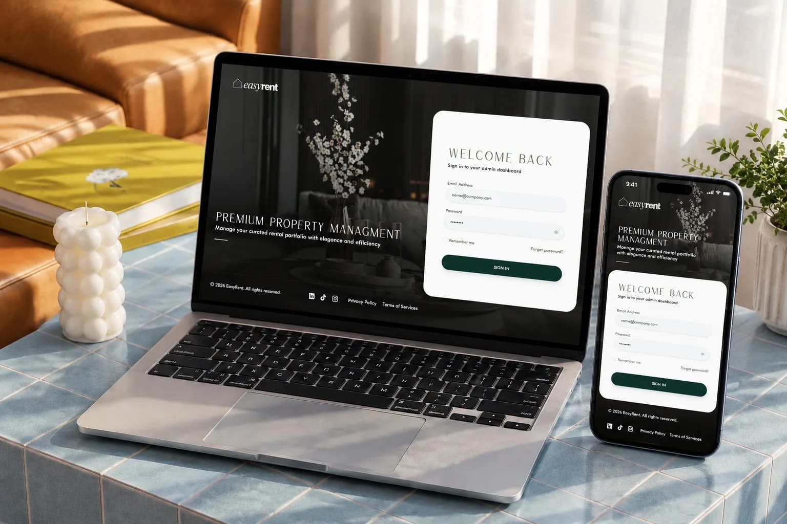 EasyRent admin sign-in page on a laptop and a phone