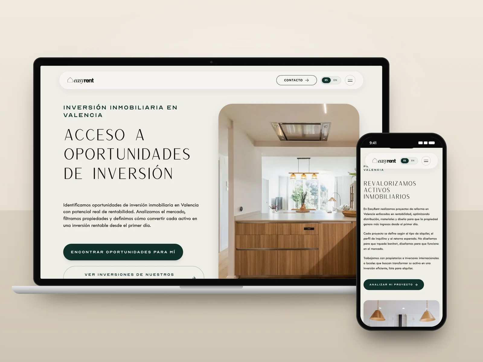 EasyRent investment opportunities and renovation projects pages on a laptop and a phone