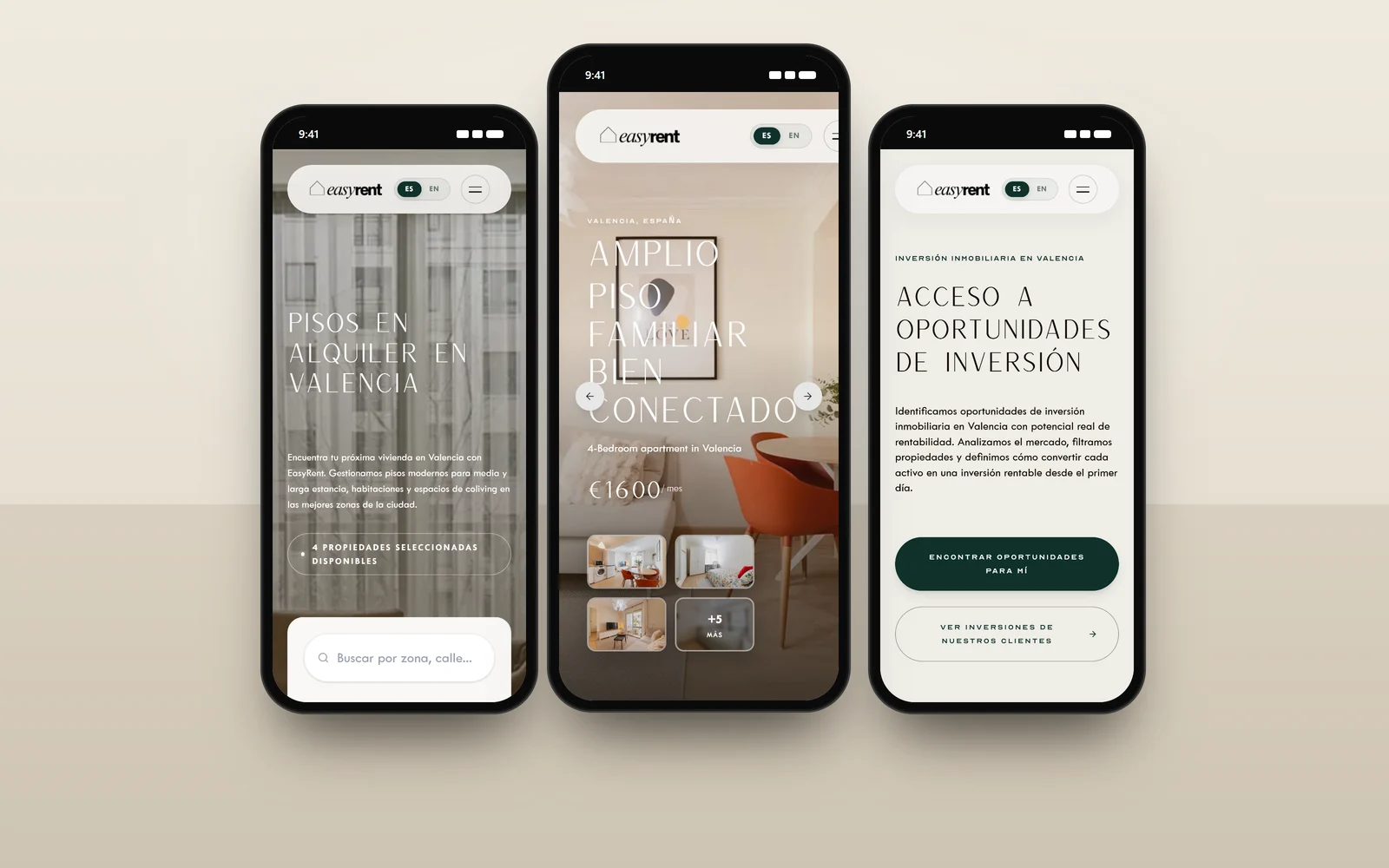 Three phones showing EasyRent's listings, a property page and investment opportunities