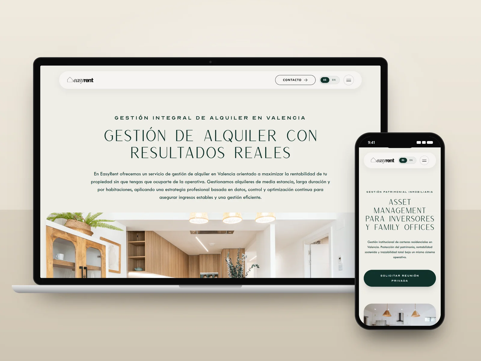 EasyRent property management and asset management pages on a laptop and a phone