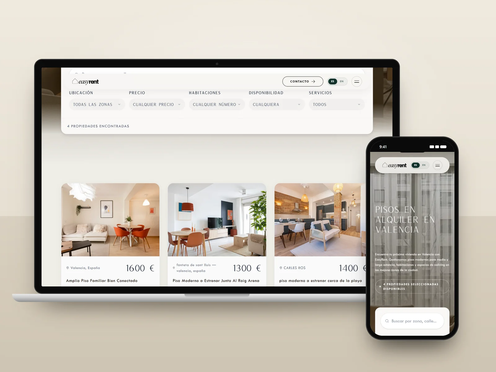 EasyRent property listings with search filters, on a laptop and a phone