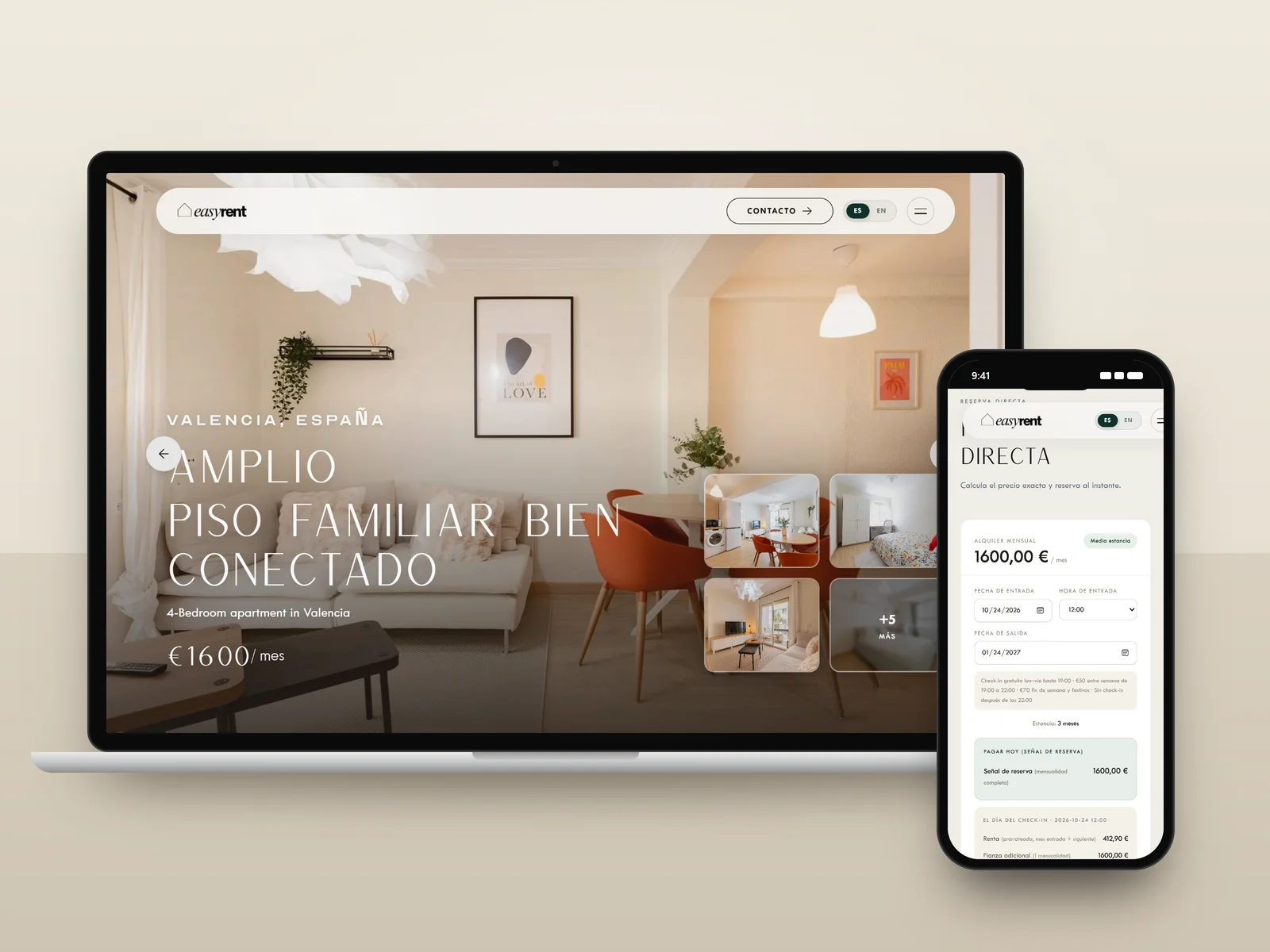 EasyRent property page with photo gallery on a laptop and the booking cost calculator on a phone