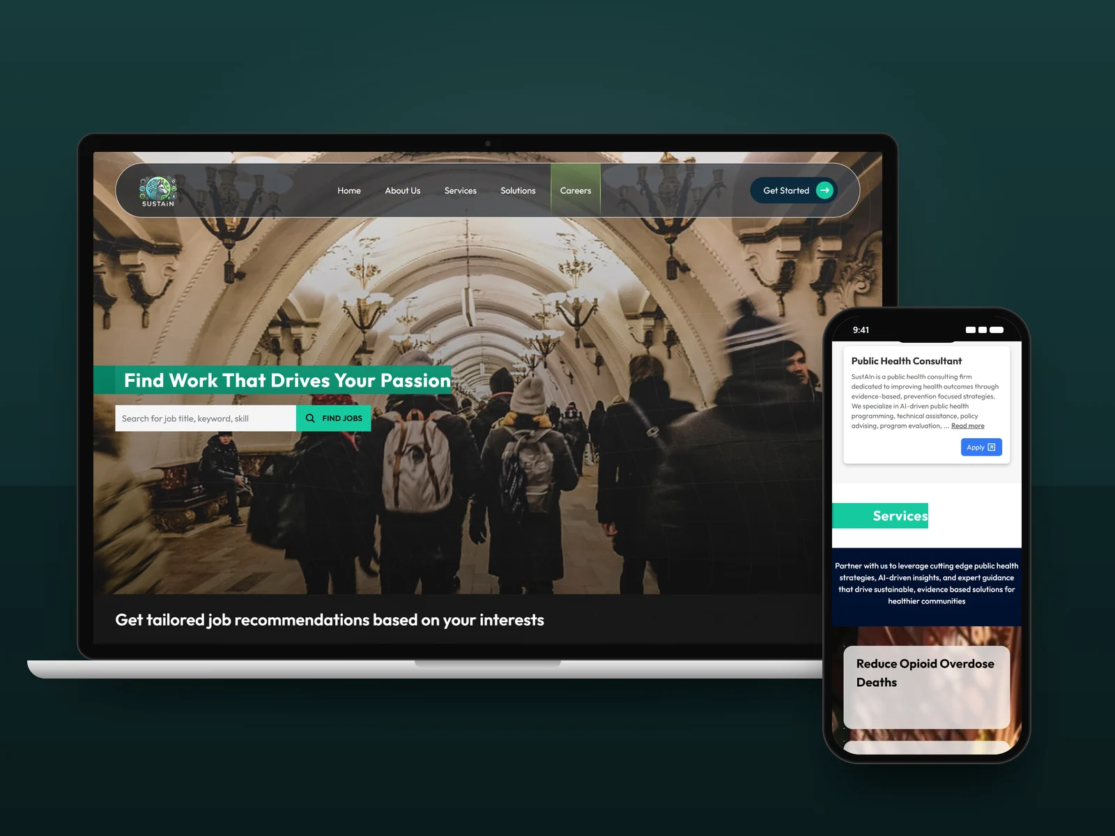 Sustain Public Health careers page with a job search bar and recommended jobs, on a laptop and a phone