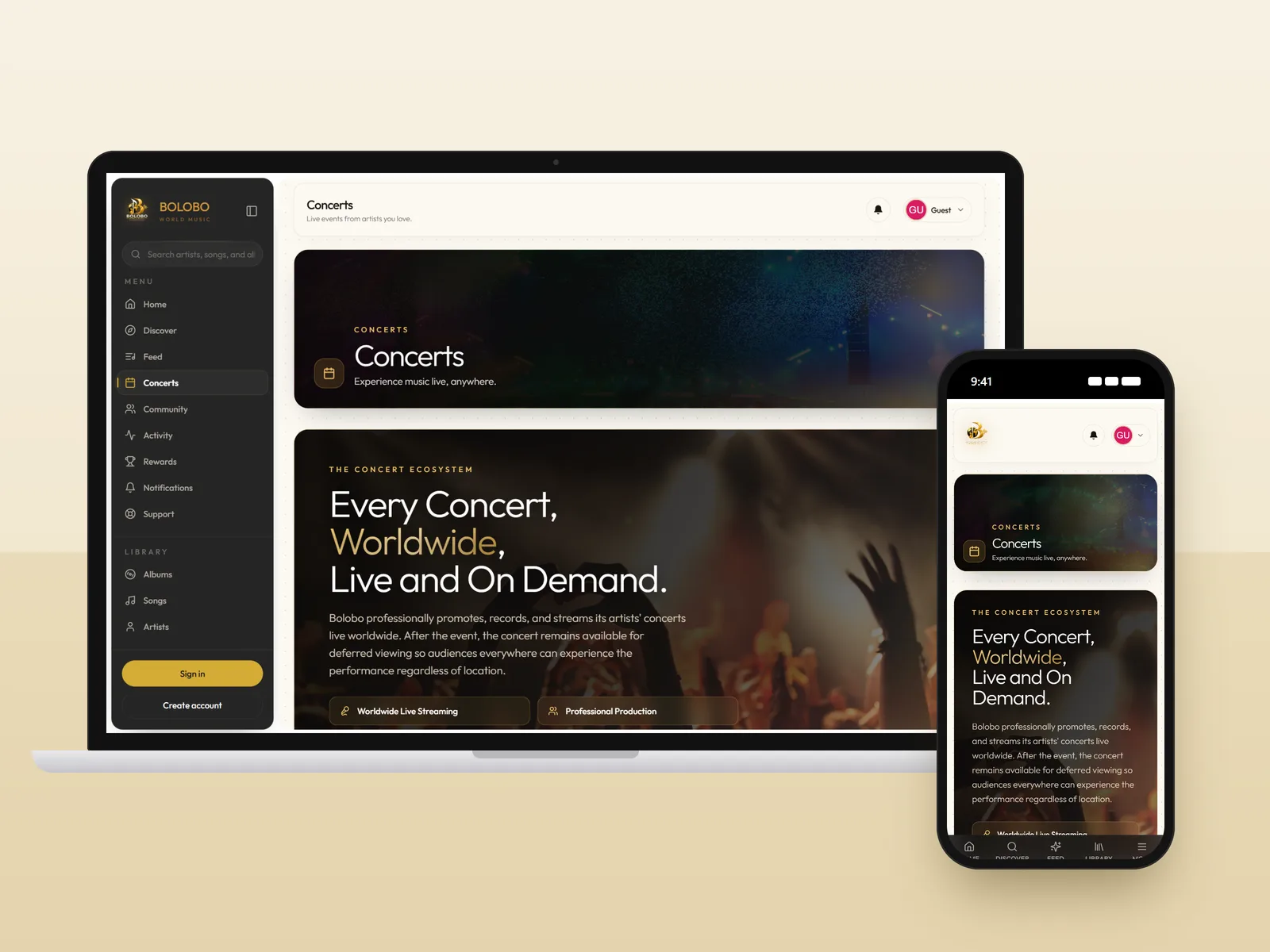 Bolobo concerts page on a laptop and a phone