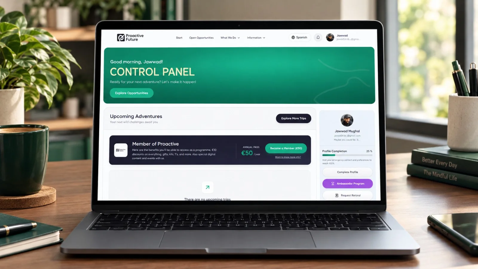 Proactive Future member control panel with upcoming adventures, membership offer and profile card