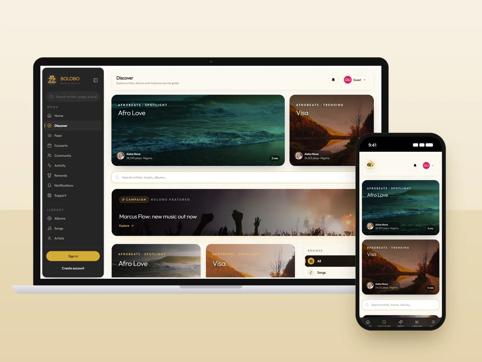Bolobo discover page with spotlight tracks, on a laptop and a phone