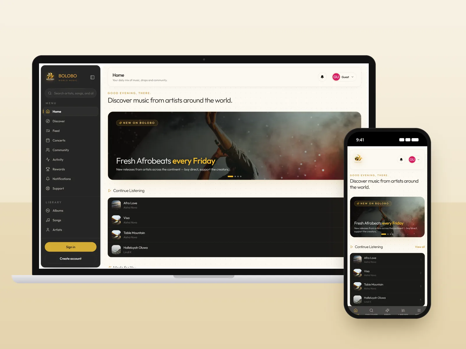 Bolobo fan app home screen on a laptop and a phone