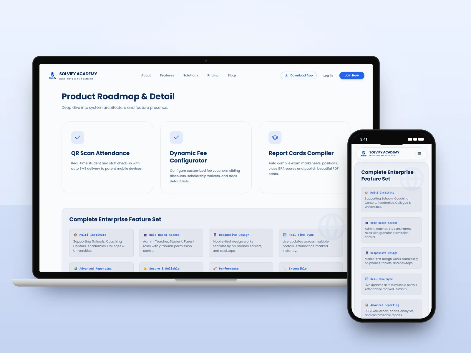 Solvify Academy product roadmap and enterprise feature set on a laptop and a phone