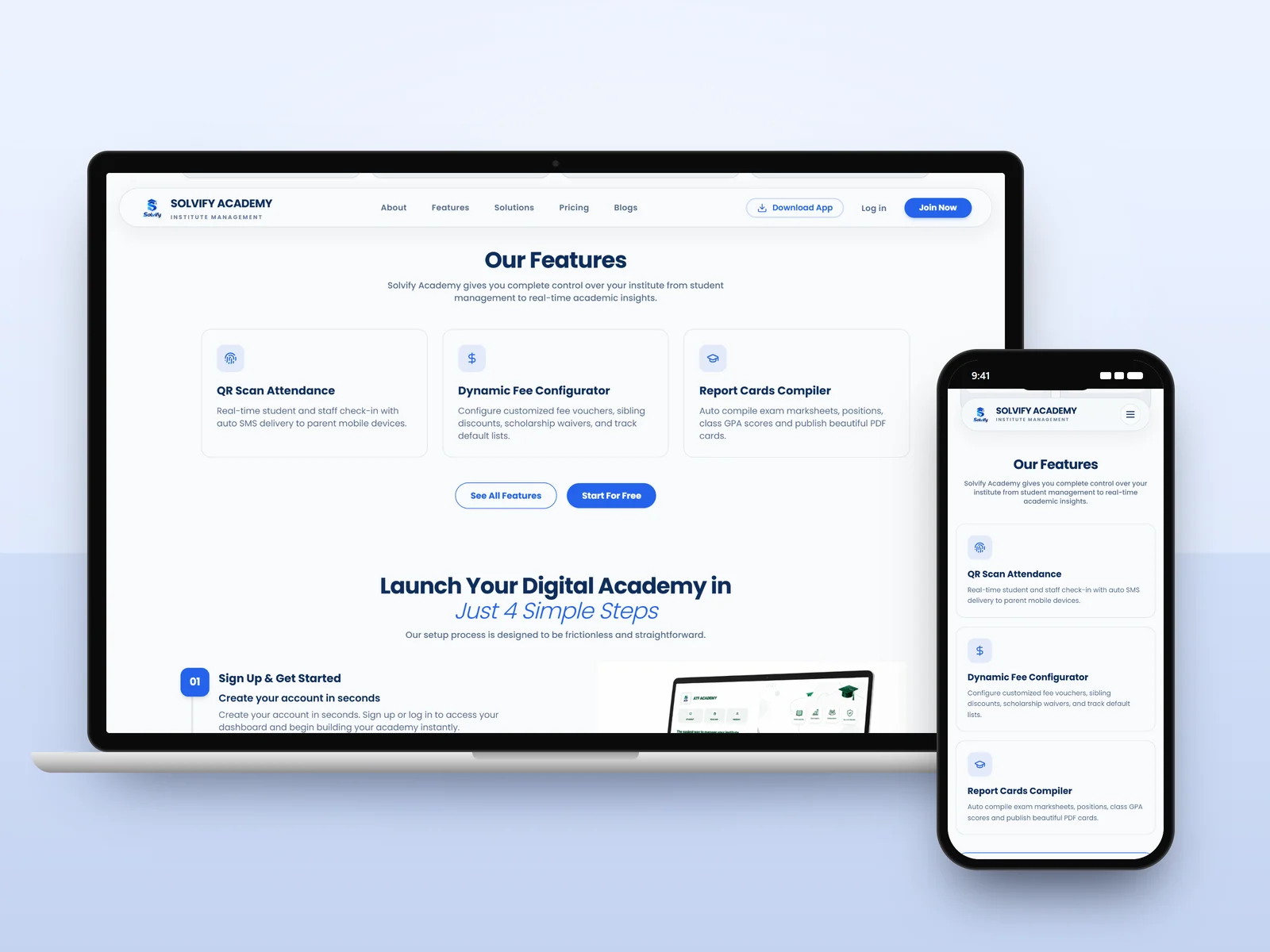 Solvify Academy features section on a laptop and a phone