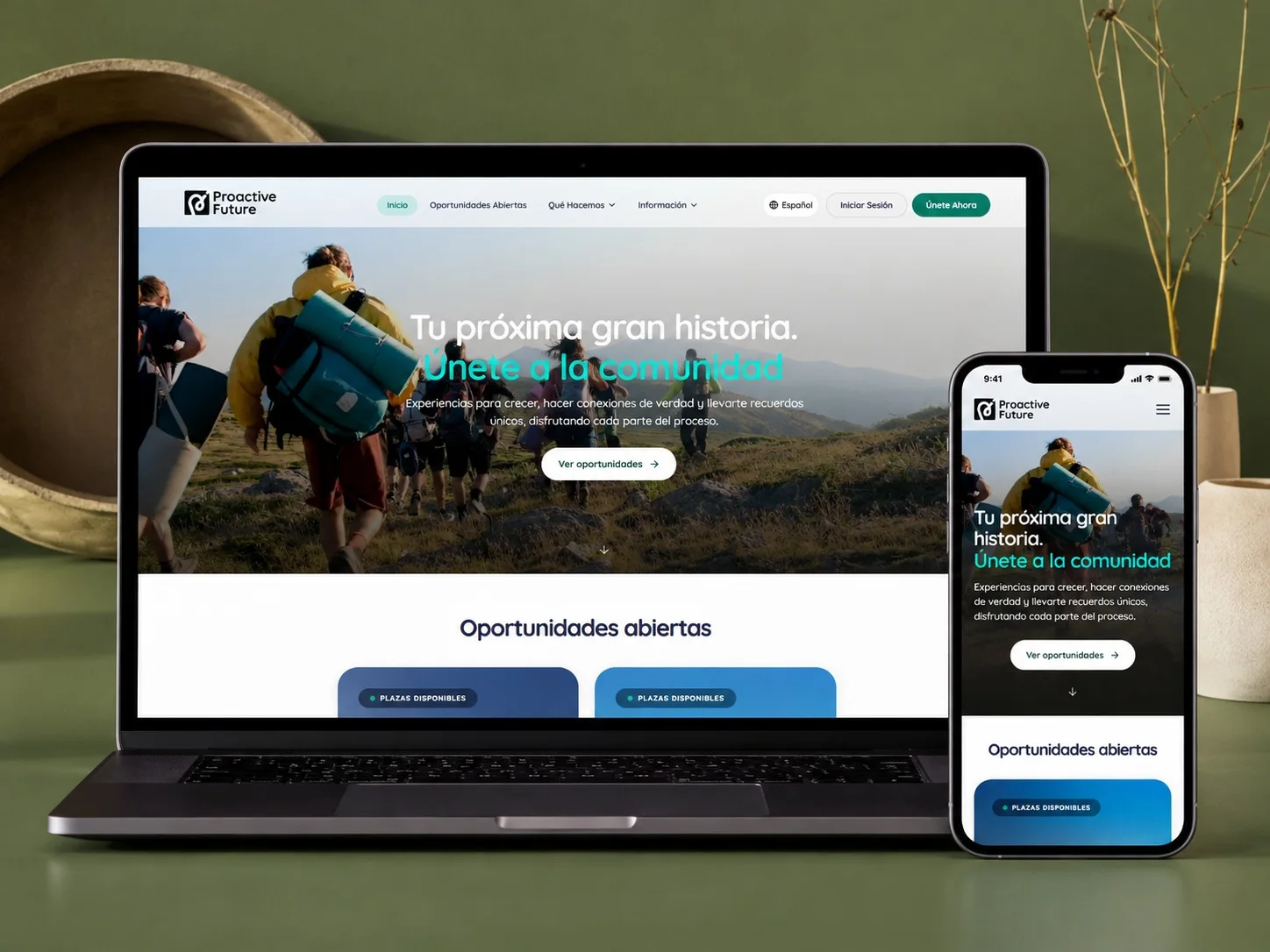 Proactive Future homepage on a laptop and a phone, showing the hero and open opportunities
