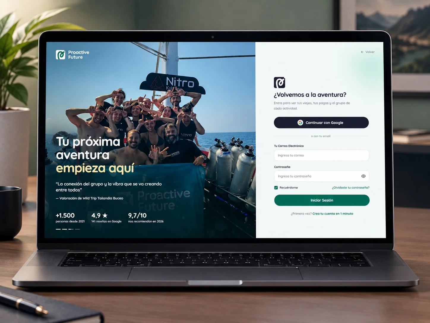 Proactive Future sign-in page with a group photo, community stats and a Google login button