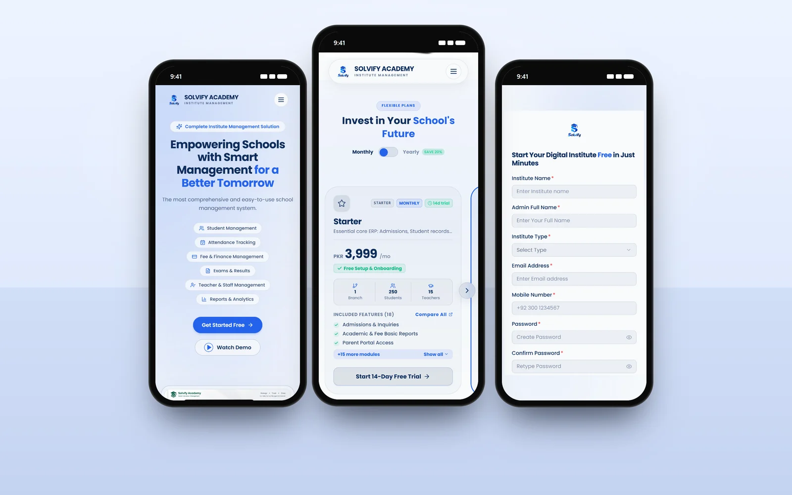 Three phones showing Solvify Academy's homepage, pricing and institute sign-up