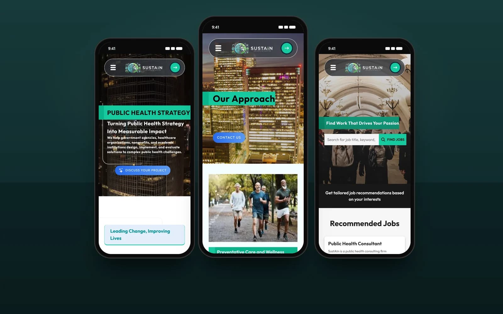 Three phones showing Sustain Public Health's homepage, services and careers pages