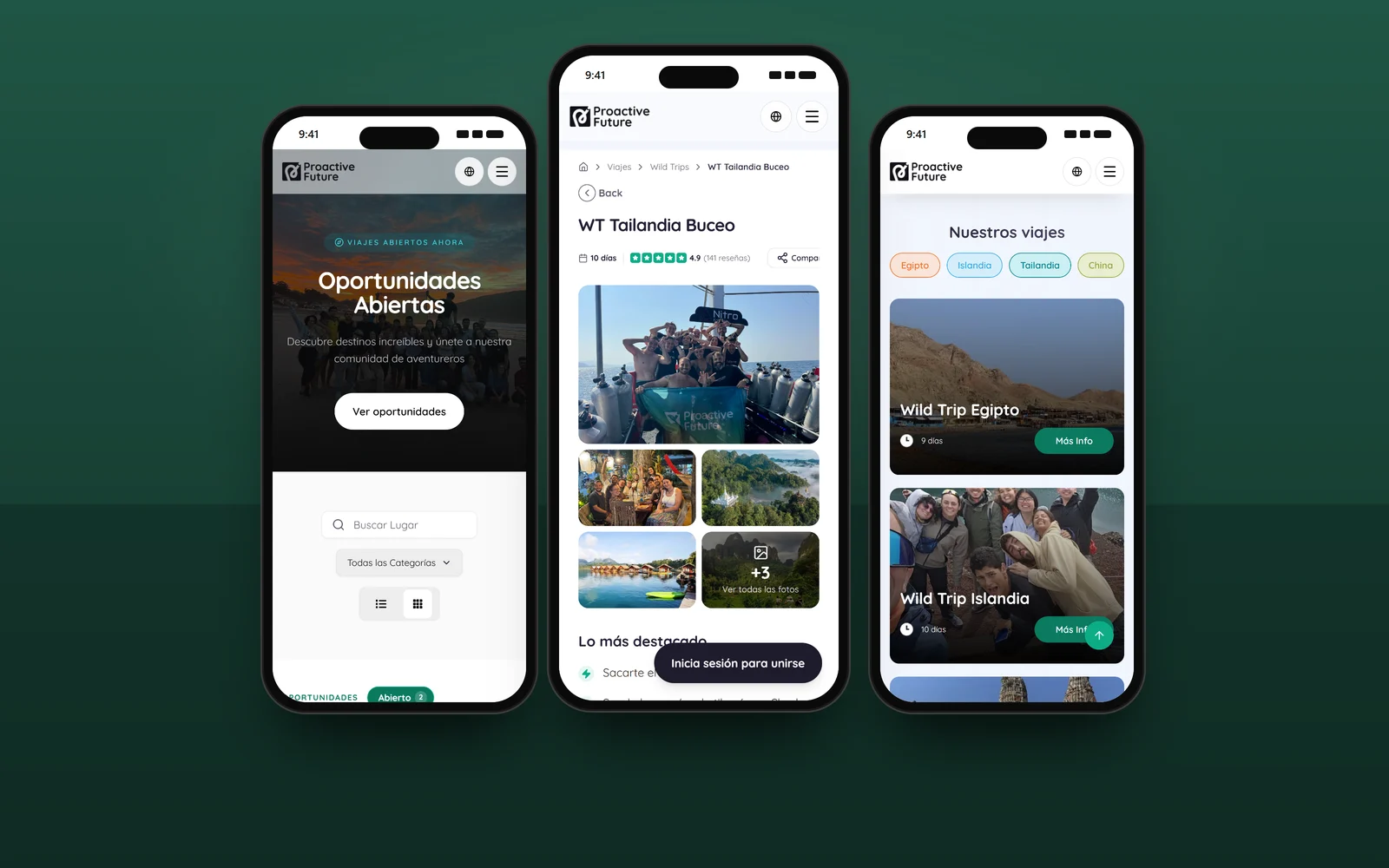 Three phones showing Proactive Future's open opportunities, a trip page and Wild Trip destinations