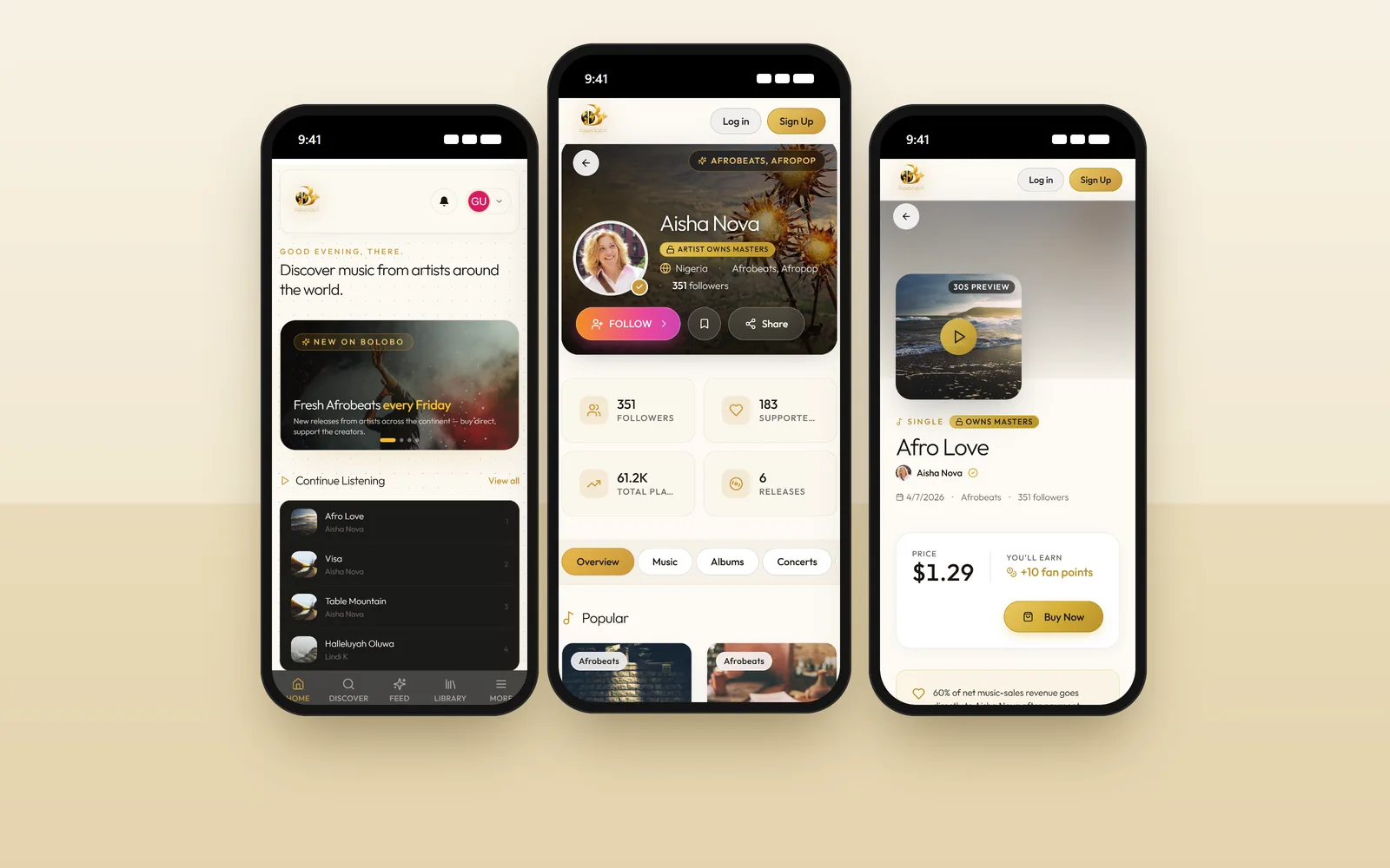 Three phones showing Bolobo's fan home, an artist profile and a track page