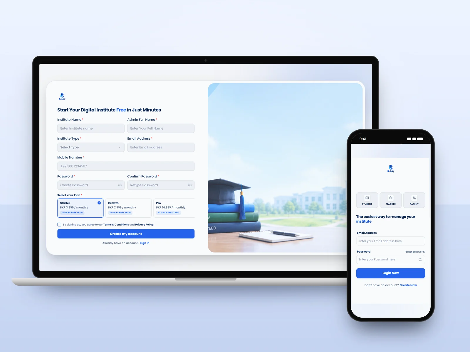 Solvify Academy institute sign-up page on a laptop and role-based login on a phone