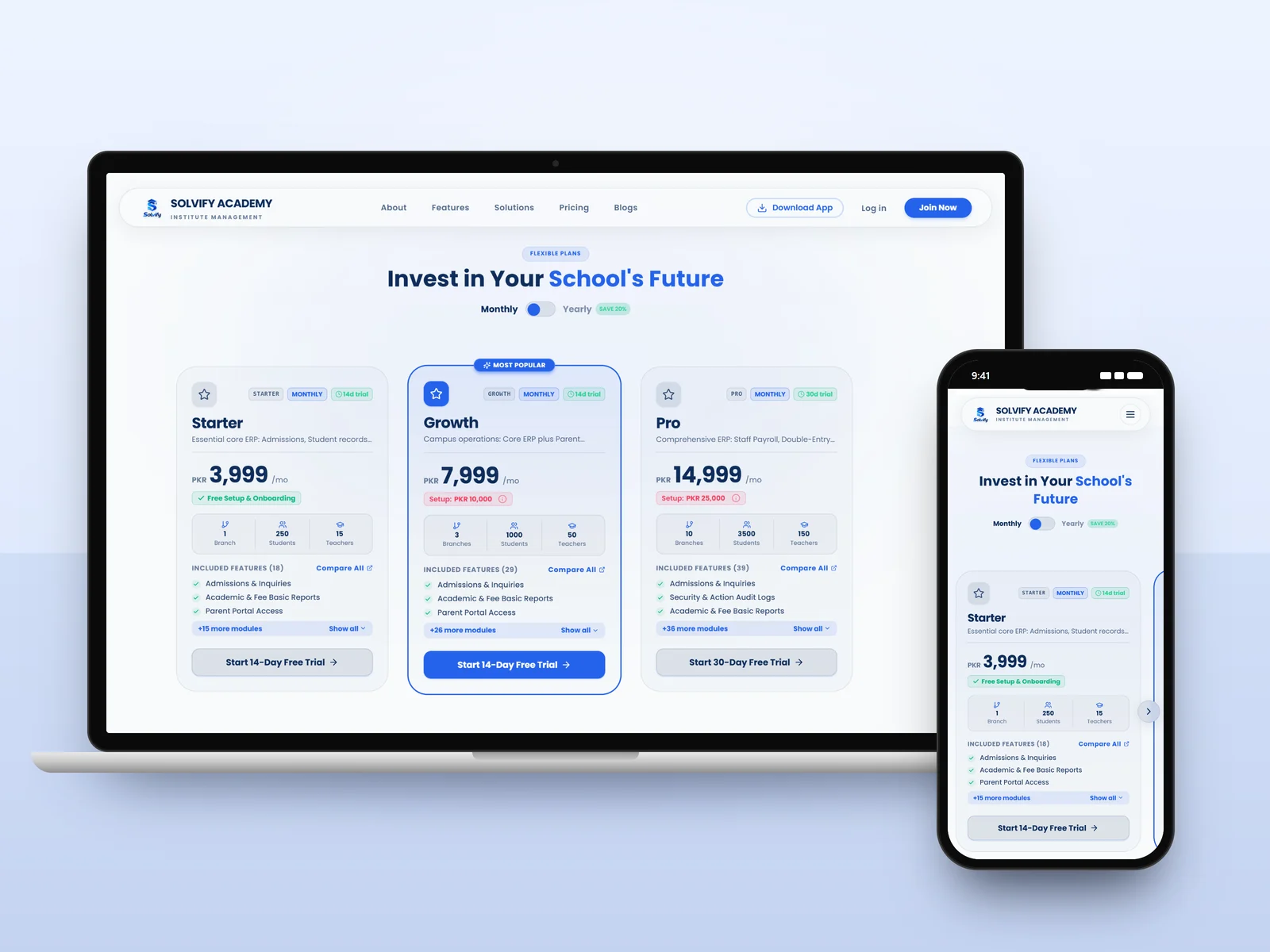 Solvify Academy pricing plans on a laptop and a phone