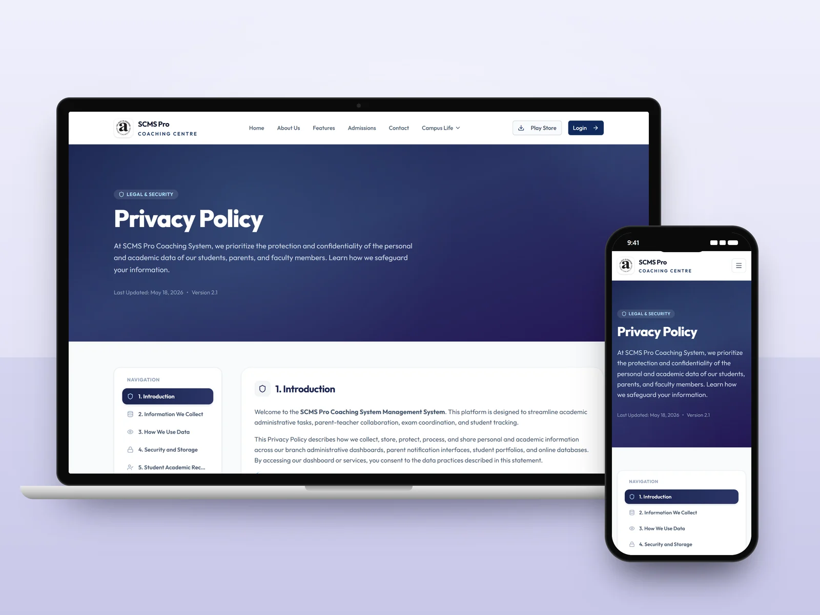 SCMS Pro privacy policy page on a laptop and a phone