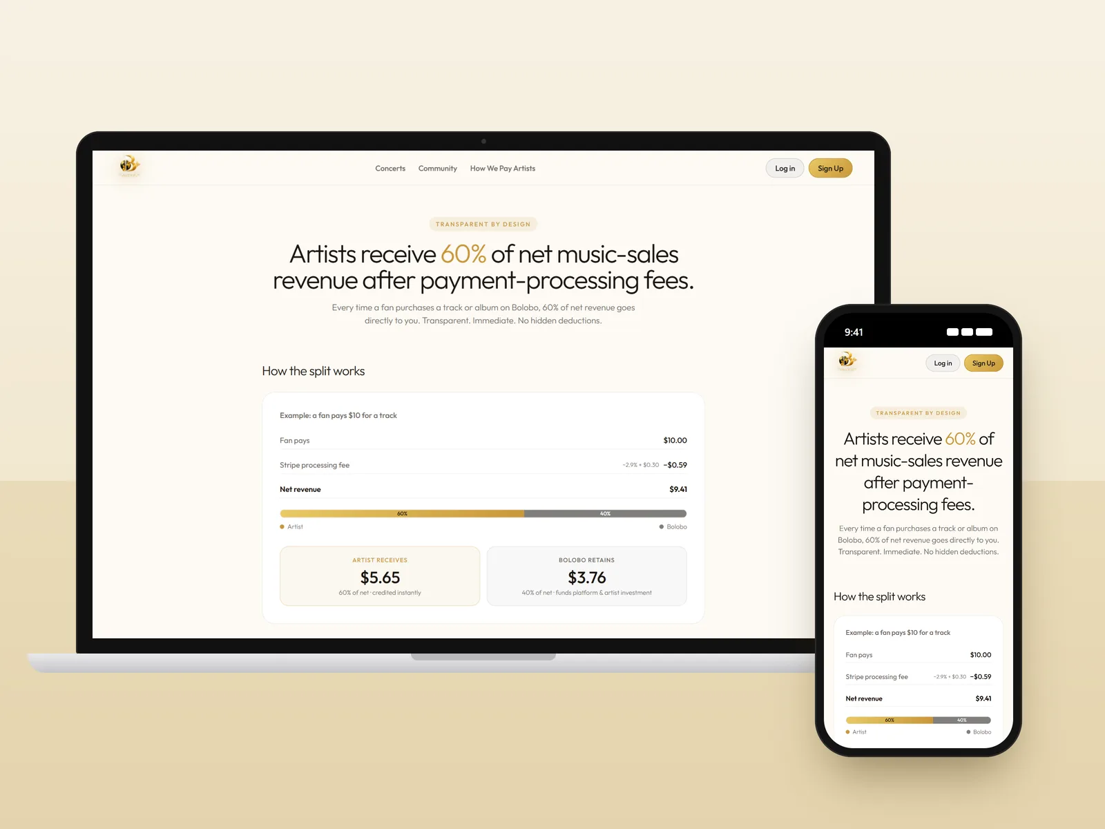 Bolobo revenue split explainer on a laptop and a phone