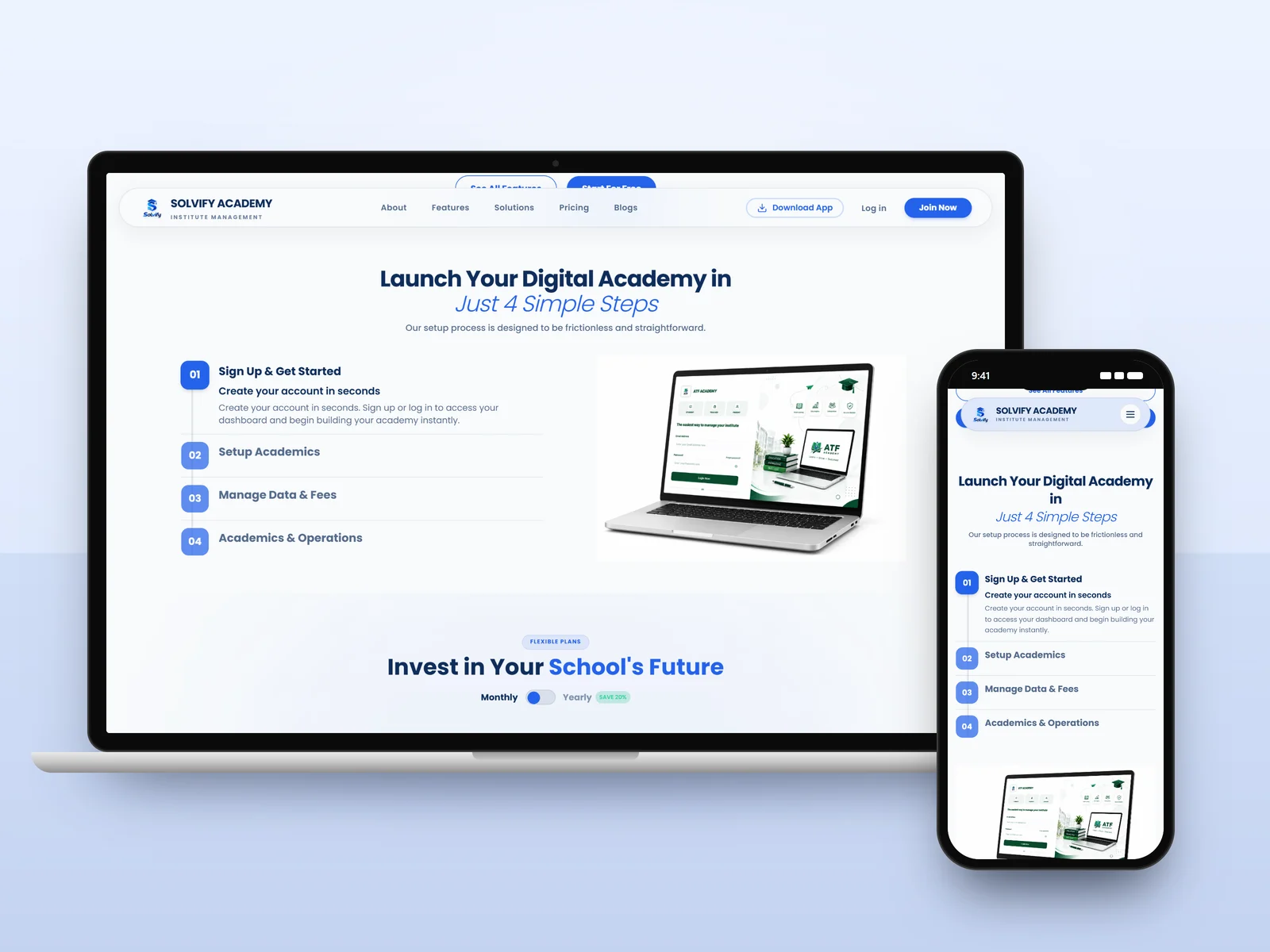 Solvify Academy “Launch your digital academy in 4 steps” section on a laptop and a phone