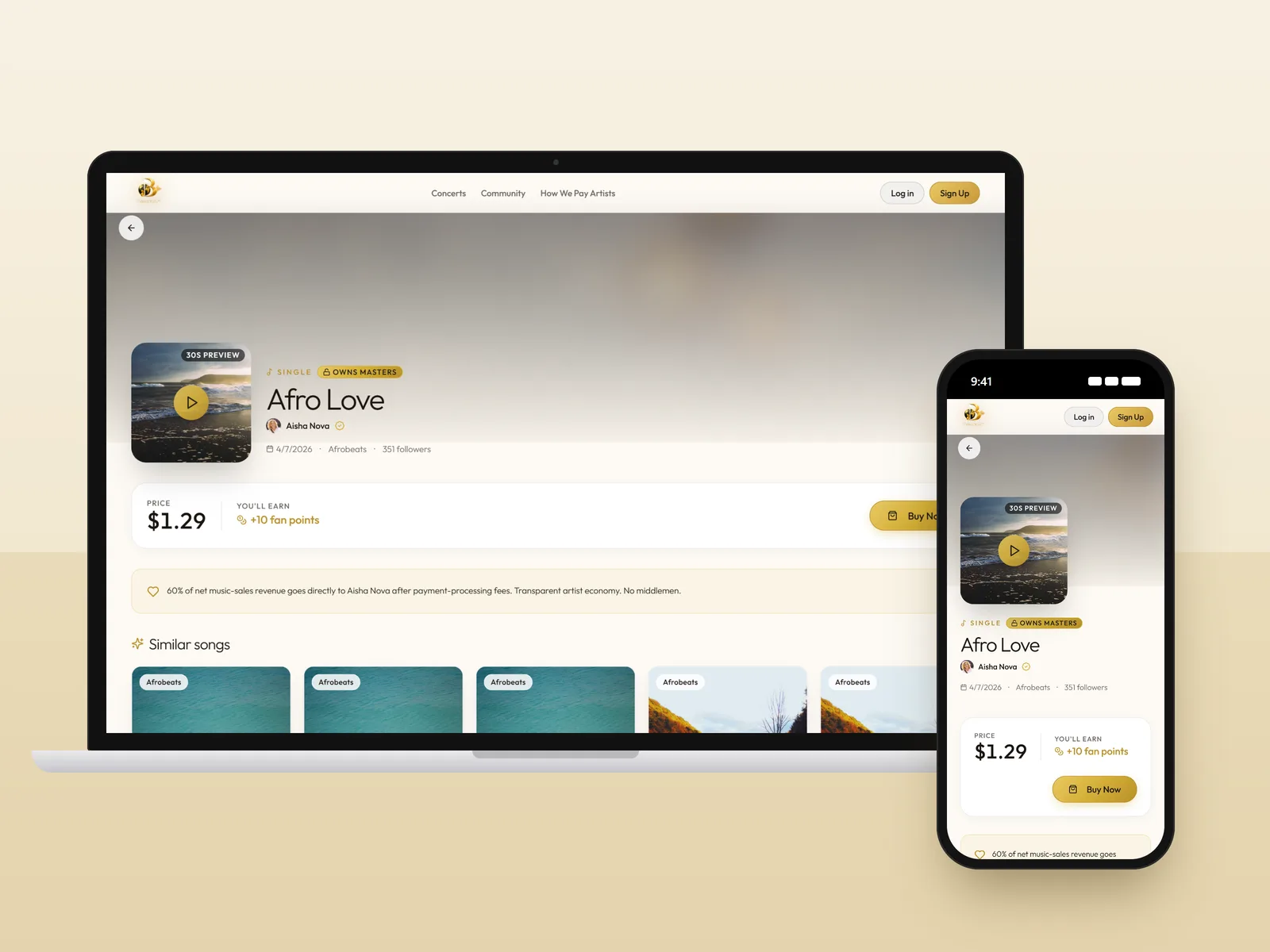 Bolobo track page with a 30-second preview and a buy button, on a laptop and a phone