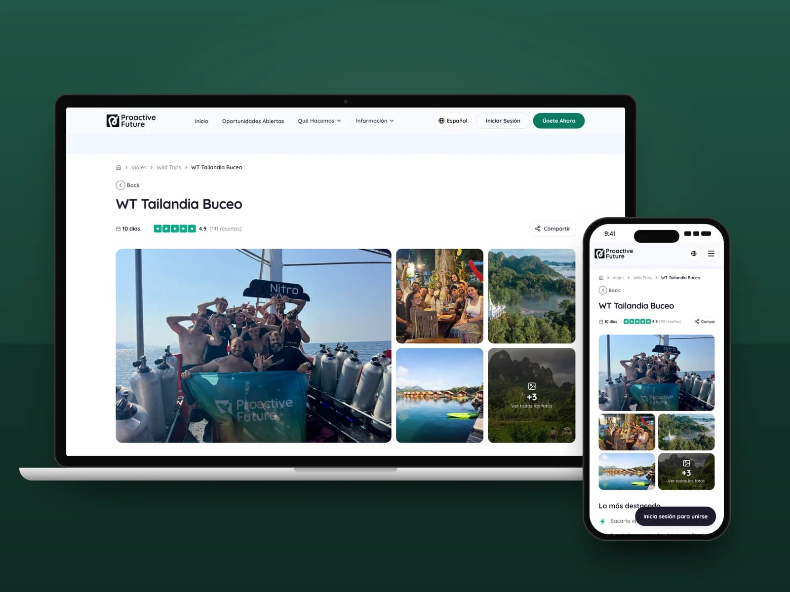 Proactive Future trip page for a diving trip in Thailand, with photo gallery and rating, on a laptop and a phone