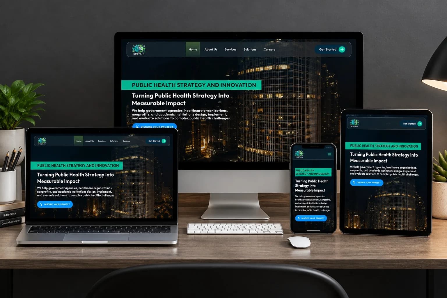 Sustain Public Health website on a desktop, laptop, tablet and phone