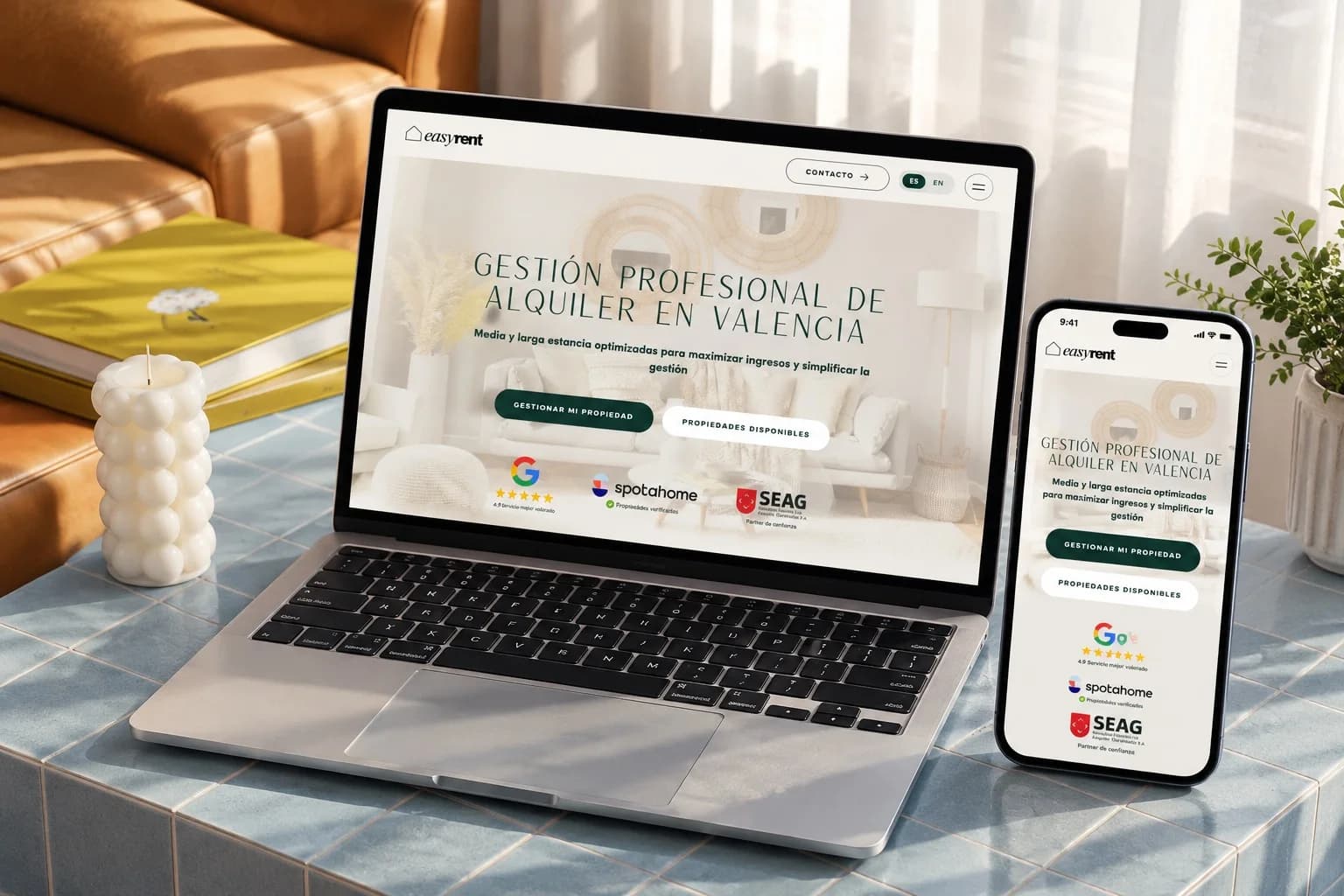 EasyRent website on a laptop and a phone, showing the property management hero