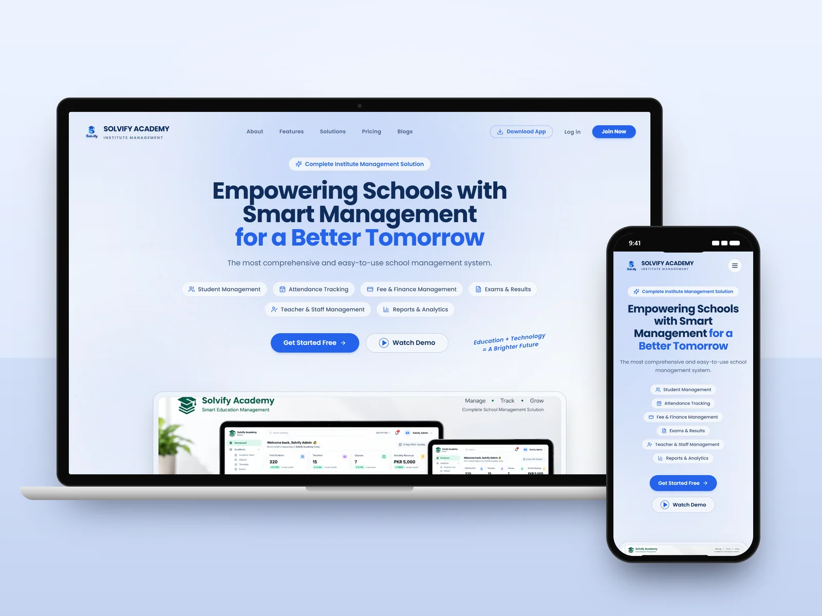 Solvify Academy website on a laptop and a phone, showing the school management hero